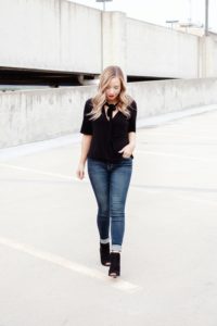 black top, denim, jeans, casual outfit